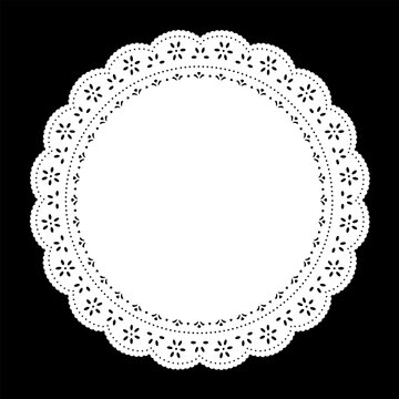 Vintage Eyelet Lace Doily Round Place Mat and Frame,  white on black. Copy space for pictures, albums, scrapbooks, holidays, setting table and cake decorating. 