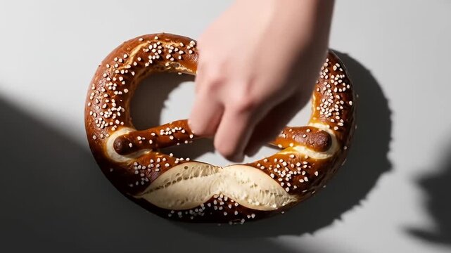 Hands lightly hold a golden-brown, salted pretzel on a grey surface in bright lighting