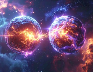 Two cosmic orbs radiating intense energy and surrounded by nebulas