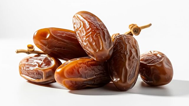 Heap of sweet, wrinkled, shiny brown dates with a small branch on a white background