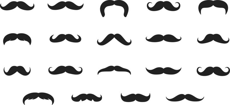 Assortment of 20 black silhouette mustache icons in various styles moustache facial hair