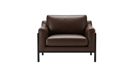 Dark brown leather armchair with black metal frame, comfortable modern lounge chair, isolated PNG with Transparent Background