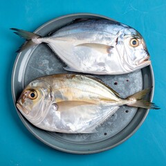 Two fresh, whole fish presented in a metal tray against a blue background