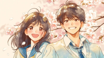桜咲く春の季節、高校生活の青春と恋愛を描いたイラスト素材。笑顔あふれる制服の男女のカップルが桜並木の下を歩く、出会いと別れのドラマに最適な構図。