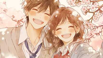 桜咲く春の季節、高校生活の青春と恋愛を描いたイラスト素材。笑顔あふれる制服の男女のカップルが桜並木の下を歩く、出会いと別れのドラマに最適な構図。