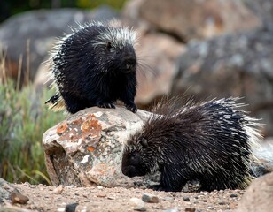 Two North American porcupines on a rock formation, outdoors in nature