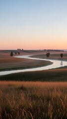 Obraz premium Serene Winding River Through Misty Farmland at Sunrise.