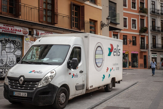 VALENCIA, SPAIN - APRIL 10, 2025: Elis logo on a branded service van parked on a street in Valencia, Spain, on textile rental and industrial laundry services, linen delivery logistics.