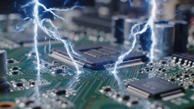 Electronic components on circuit board experiencing electrical surges from lightning strikes in a high-tech environment viewed closely