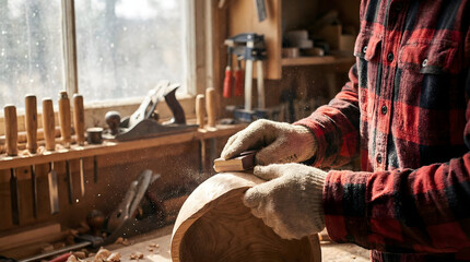 Carpenter with Gloves Sanding Wooden Bowl