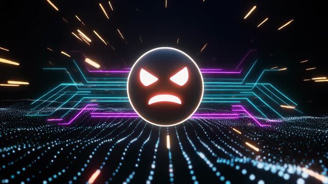 3D animation of an angry emoji icon floating over a field of glowing light particles on a da