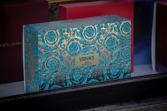 BELGRADE, SERBIA - JUNE 1, 2025: Versace Eros eau de toilette box in a shop in Belgrade, Serbia. Versace is an italian fragrance, fashion and cosmetics brand.