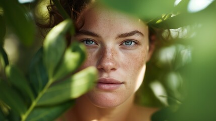 Portrait of beautiful woman with freckles and blue eyes peeking through green leaves.