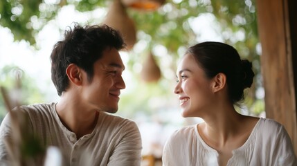 Happy romantic multiethnic couple looking at each other with love in outdoor cafe.