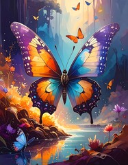 Vibrant butterfly with colorful wings floats above a reflective lake