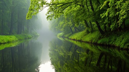 Obraz premium Mist-veiled river winds through lush green trees, reflecting a tranquil emerald forest on calm water in mist