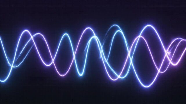 Abstract neon light waves in blue and purple colors flowing across a dark