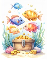 宝箱と金貨を囲むカラフルな魚たちのキュートな水彩イラスト｜豊かさと成功を象徴するアート
Cute Colorful Fish Around a Treasure Chest with Gold Coins Watercolor Illustration Symbolizing Abundance and Success