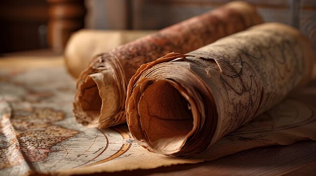 Close-up of aged scrolls unraveled on a table, displaying map details. The colors are warm and muted, hinting at history