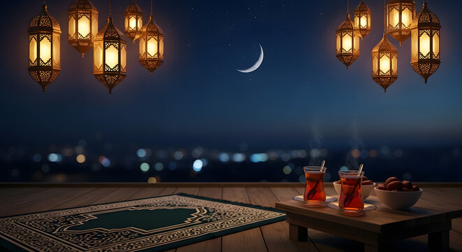 An interior of a church glows with warm candles and soft light amidst the architecture of the urban city night