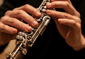 Clarinet performance intricate fingering close-up on musical instrument