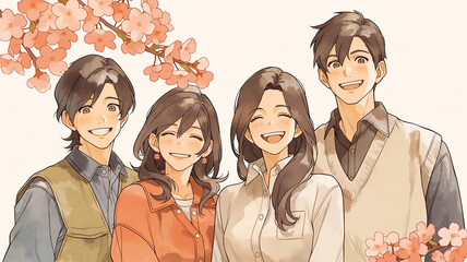 春の桜を背景に楽しく過ごす様子を描いた心温まるイラスト動画のワンシーンやスライドショー素材としても使える高解像度春画像