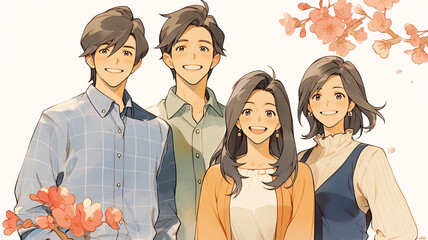 春爛漫の桜の木の下で笑顔を交わすファミリーの姿を水彩風に描いたあたたかいイラスト親しみやすく動画挿絵やSNS投稿にもぴったりな春素材