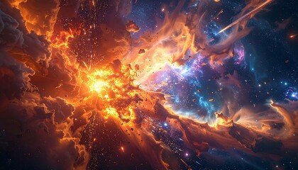 Vibrant cosmic explosion with swirling clouds of gas and dust