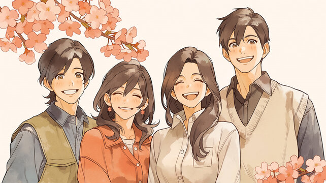 春の桜を背景に楽しく過ごす様子を描いた心温まるイラスト動画のワンシーンやスライドショー素材としても使える高解像度春画像