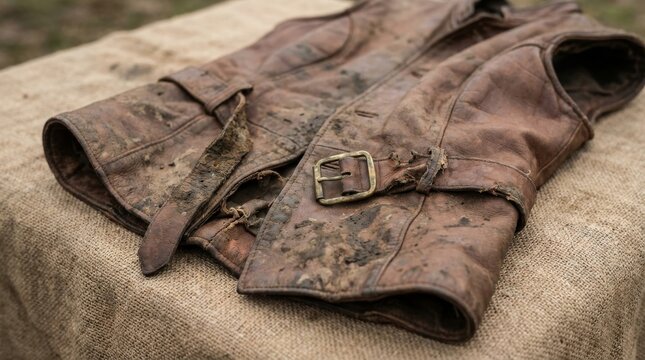 Worn Leather Jerkin with Stains and Buckle
