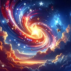 Vibrant cosmic scene with swirling stars and clouds