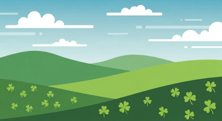 Green rolling hills with shamrocks and clouds a festive St Patricks Day landscape illustration for celebration and design
