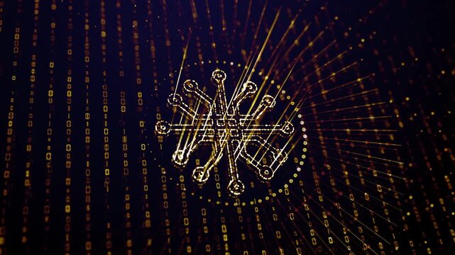 A stunning glowing golden yellow microchip with falling binary code, ideal for corporate, finance, and investment videos. This is a 4k 3d render.