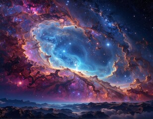 Vibrant nebula with swirling purple, blue, and orange clouds