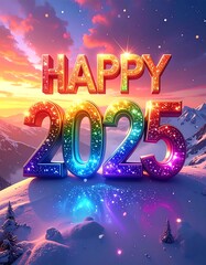 Vibrant New Year's scene with colorful 3D text