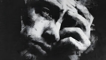 Charcoal sketch of a pensive man with his hand on his forehead, conveying deep thought