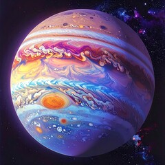 Vibrant planet with swirling purple, orange, and blue clouds