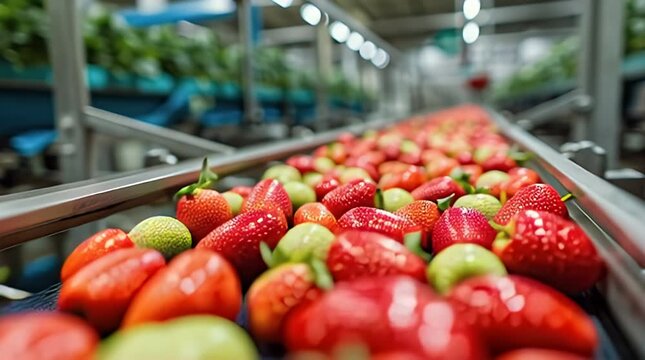 A conveyor belt transports red and green fruit in a commercial facility. Rows of lights shine above, creating a shallow depth of field