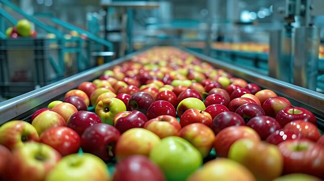 Close-up of a fruit processing line. Ripe, colorful apples of various varieties move along a conveyor belt, showcasing the fresh produce