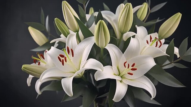 Elegant bouquet of white lilies with green leaves and buds on dark background. 