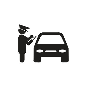 The image of a police icon is ticketing a car. The silhouette illustration generally depicts a traffic police officer carrying out law enforcement actions on the highway. This icon is designed visuall