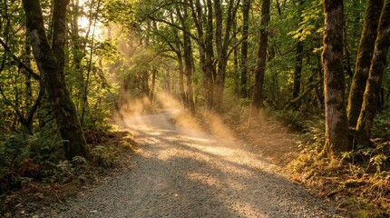 Obraz premium Sunbeams Shine on Dusty Gravel Road Through Dense Green Forest
