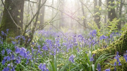 Obraz premium Bluebells carpeting a misty spring forest floor