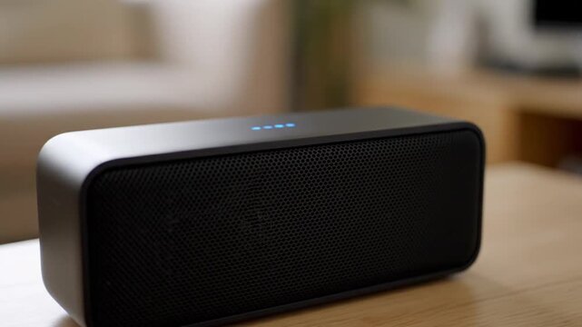 black bluetooth speaker on wooden table