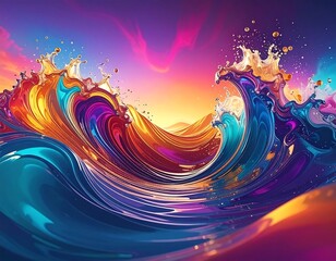 Vibrant wave crests, colored with a sunset's glow, crash and swirl