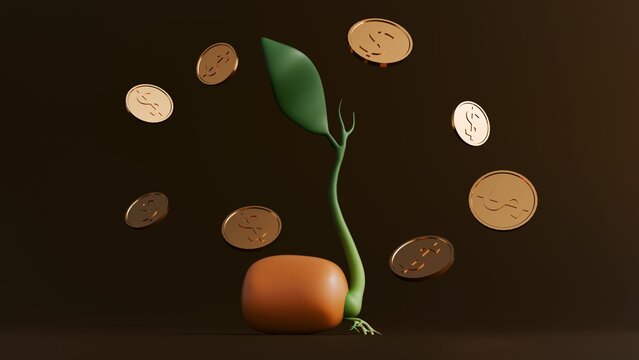 3D render: A green sprout with a leaf and roots grows from a seed atop a gold coin stack. It symbolizes savings, compound interest, and sustainable investment growth.	