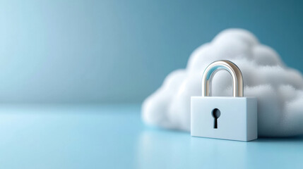 Fototapeta premium Cloud security concept with digital padlock and cloud shape on blue background, symbolizing data protection and privacy online