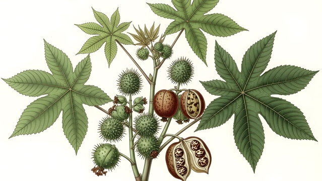 Botanical illustration of a castor plant showing green leaves and spiked seed pods on a white background