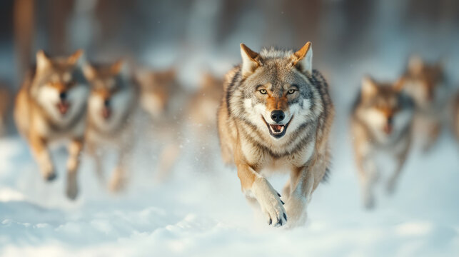 Wolf pack running through snow with focused leader in front and blurred pack behind in cold winter forest