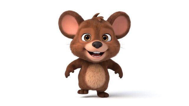 A friendly cartoon mouse with brown fur and large ears stands with arms open, smiling
